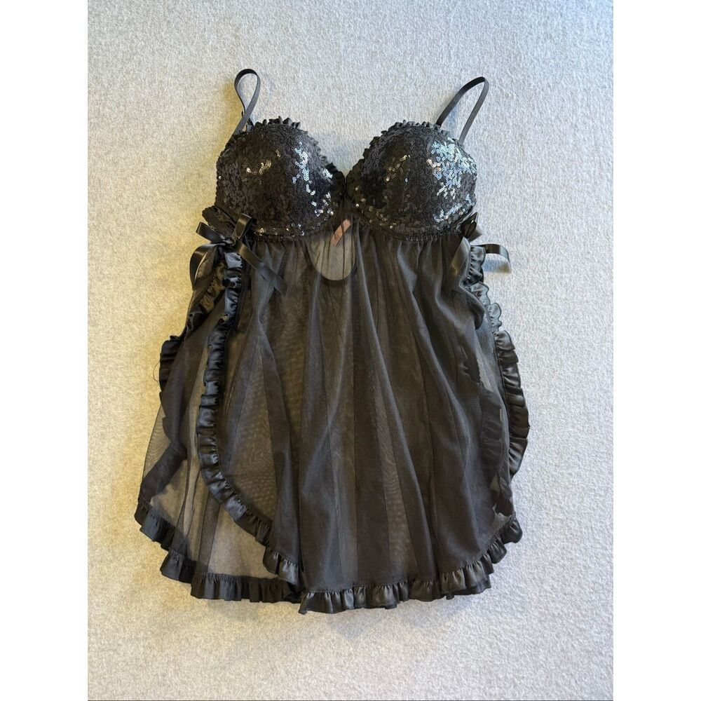 Victoria's Secret "Sexy Little Things" black sequin cup babydoll ruffled trim dr